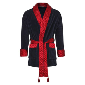 Cliveden Short Velvet Navy Dressing Gown with Quilted Satin Collar & Fold Back Cuffs