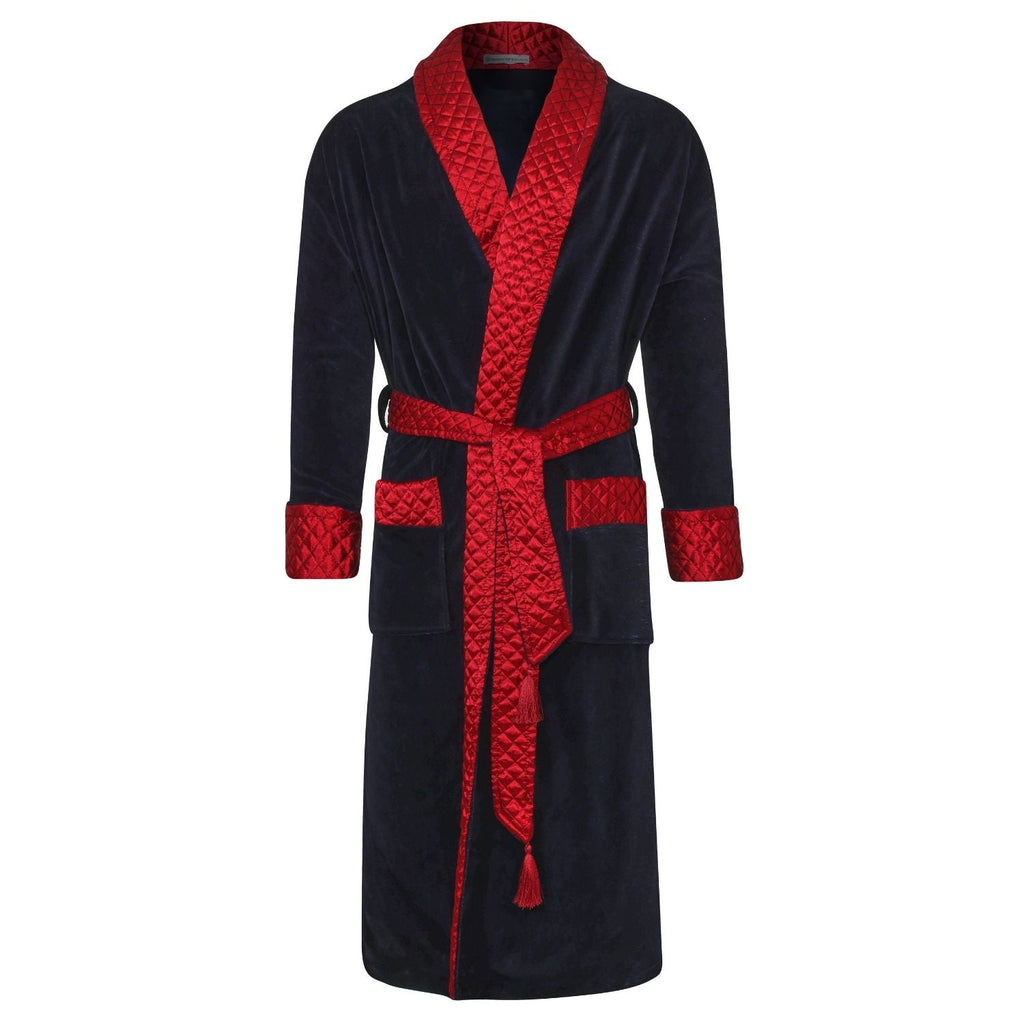 Mayfair Long Velvet Navy Robe with Quilted Satin Collar & Fold Back Cuffs