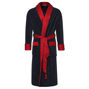 Mayfair Long Velvet Navy Robe with Quilted Satin Collar & Fold Back Cuffs