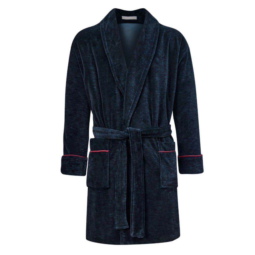 Rockefeller Luxury Cotton Short Velvet Robe in Navy